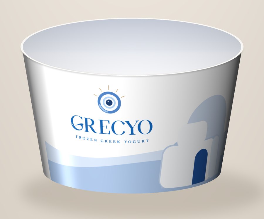 Grecyo frozen yogurt cup with the evil-eye logo and pale-blue Greek hills design